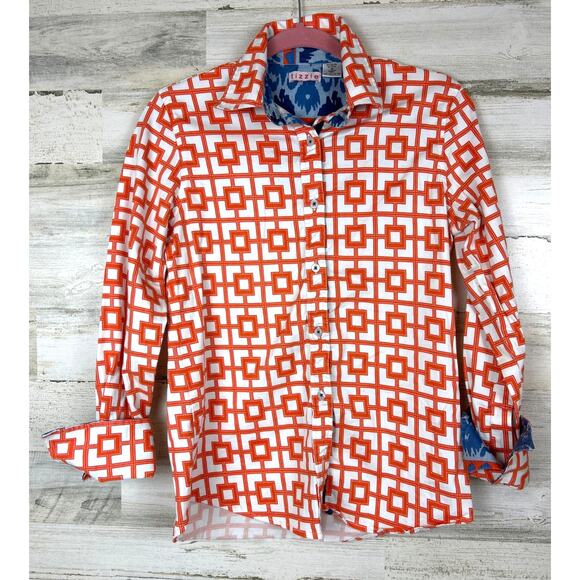 Tizzie Women’s Medium Orange White Geometric Button-Down Long Sleeve Blouse Top - Picture 1 of 5